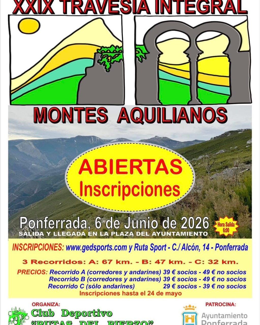 Cartel de la XXIX Travesía Integral de los Montes Aquilianos con información sobre inscripciones.