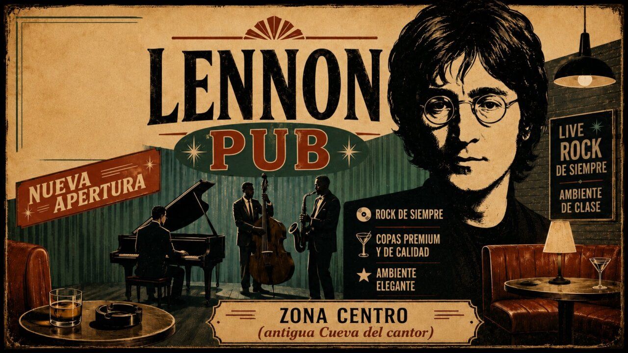 Cartel de inauguración del Lennon Club en Ponferrada con música en vivo.