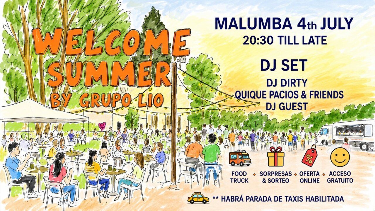 Cartel de la fiesta Welcome Summer en Malumba con música y actividades