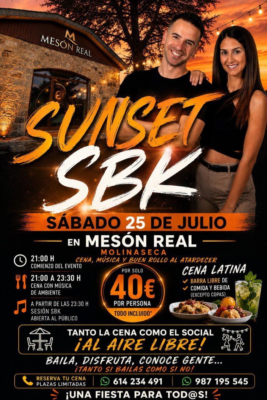 Cartel de la fiesta Sunset SBK en Mesón Real con cena y baile al aire libre