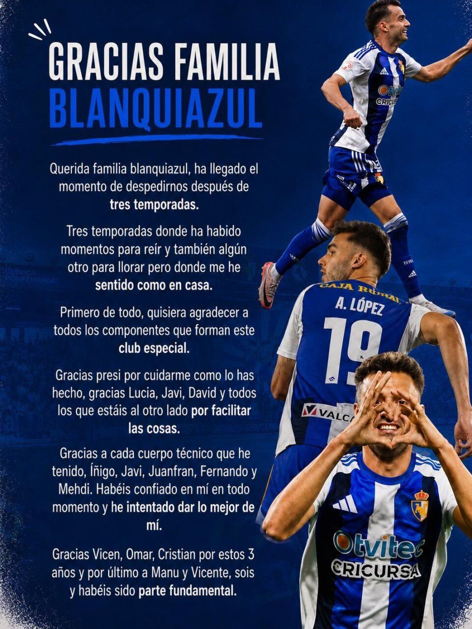 Andoni López agradece a la afición blanquiazul tras tres temporadas