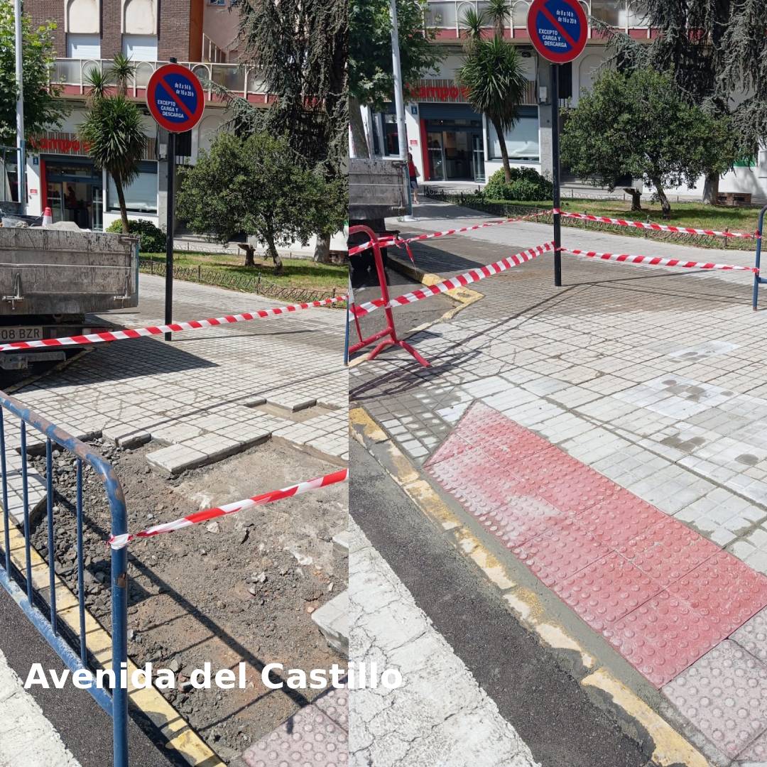 Imagen de la Avenida del Castillo mostrando trabajos de mantenimiento en la acera.