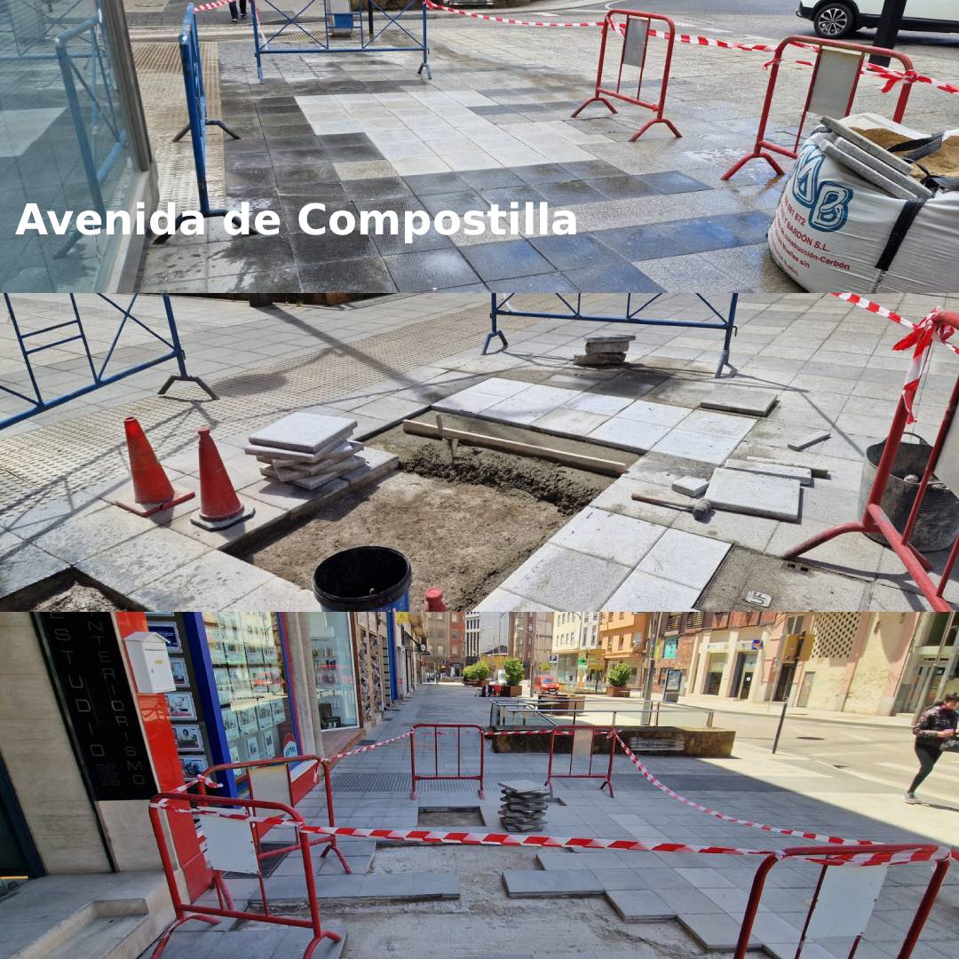 Obras en la Avenida de Compostilla en Ponferrada con vallas y materiales