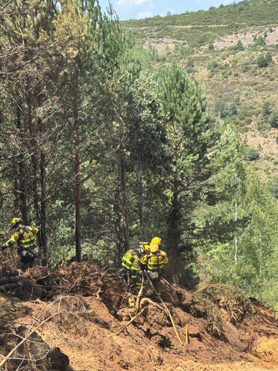 Bomberos trabajando en la extinción de un incendio forestal en Espina de Tremor