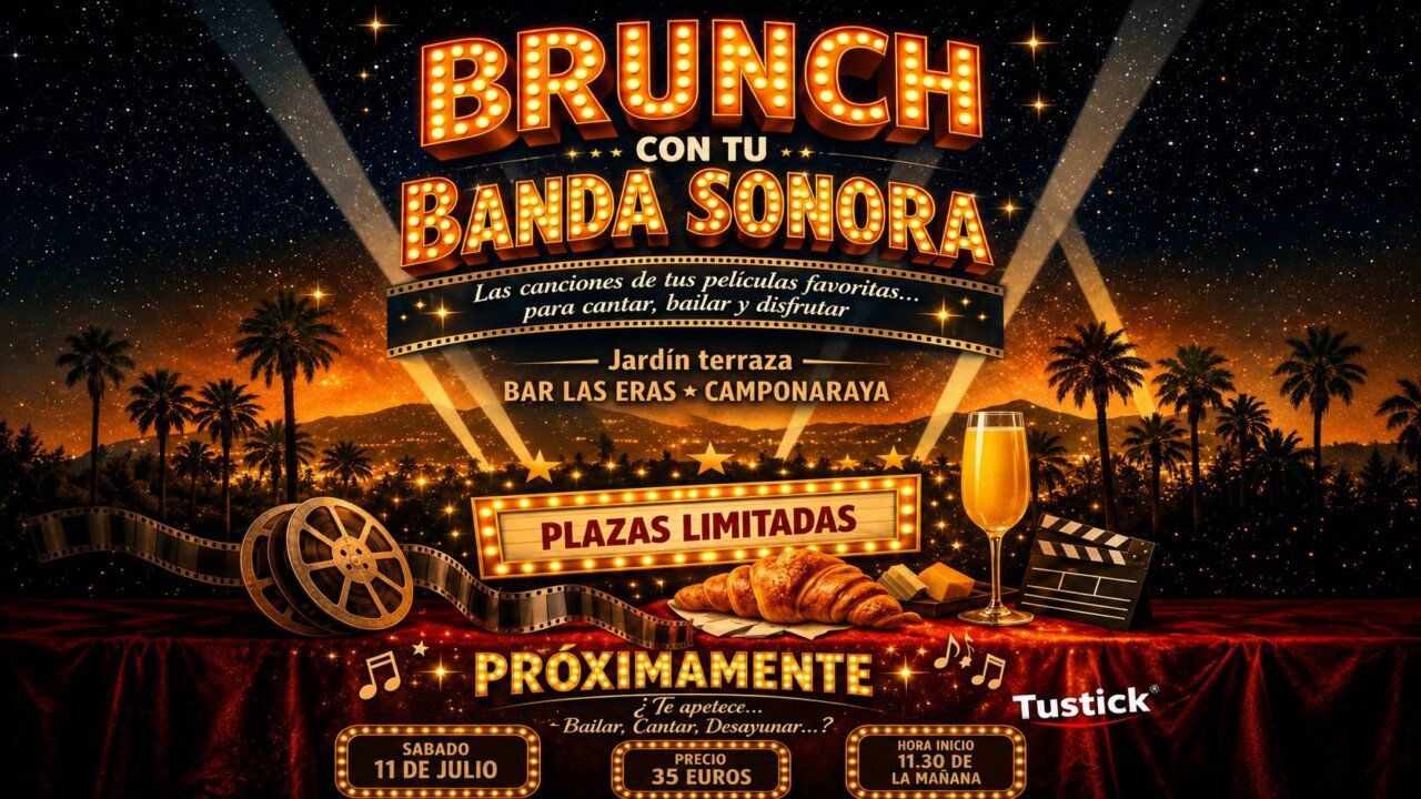Cartel del brunch musical en Camponaraya con detalles de comida y bebida