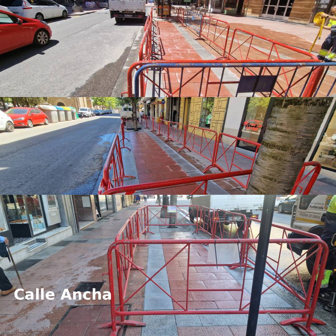 Obras en la Calle Ancha de Ponferrada con vallas de seguridad