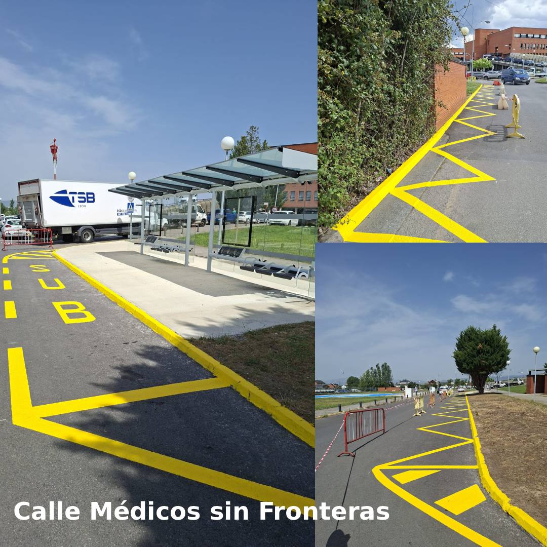 Vista de la Calle Médicos sin Fronteras con señalización y paradas