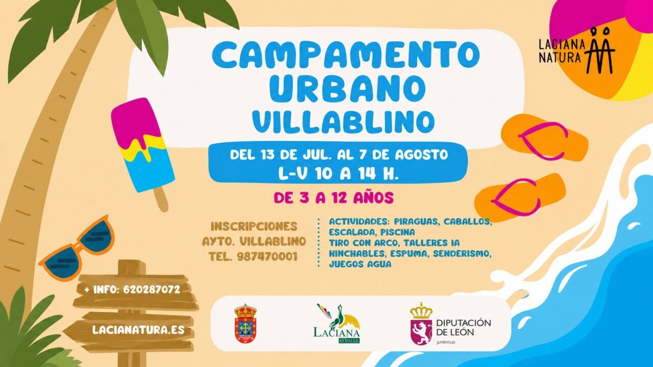 Cartel del campamento urbano en Villablino con actividades para niños