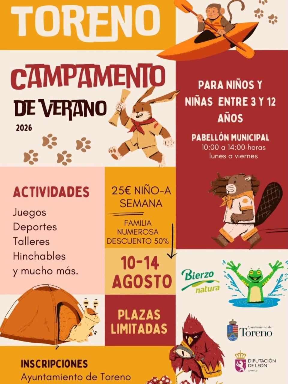 Cartel informativo sobre campamentos de verano en Toreno para niños