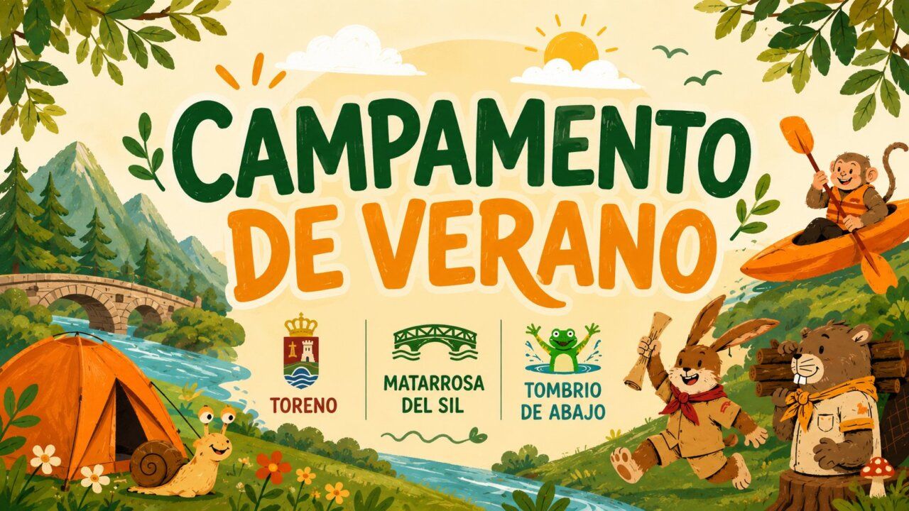 Ilustración colorida de campamentos de verano en Toreno con actividades al aire libre