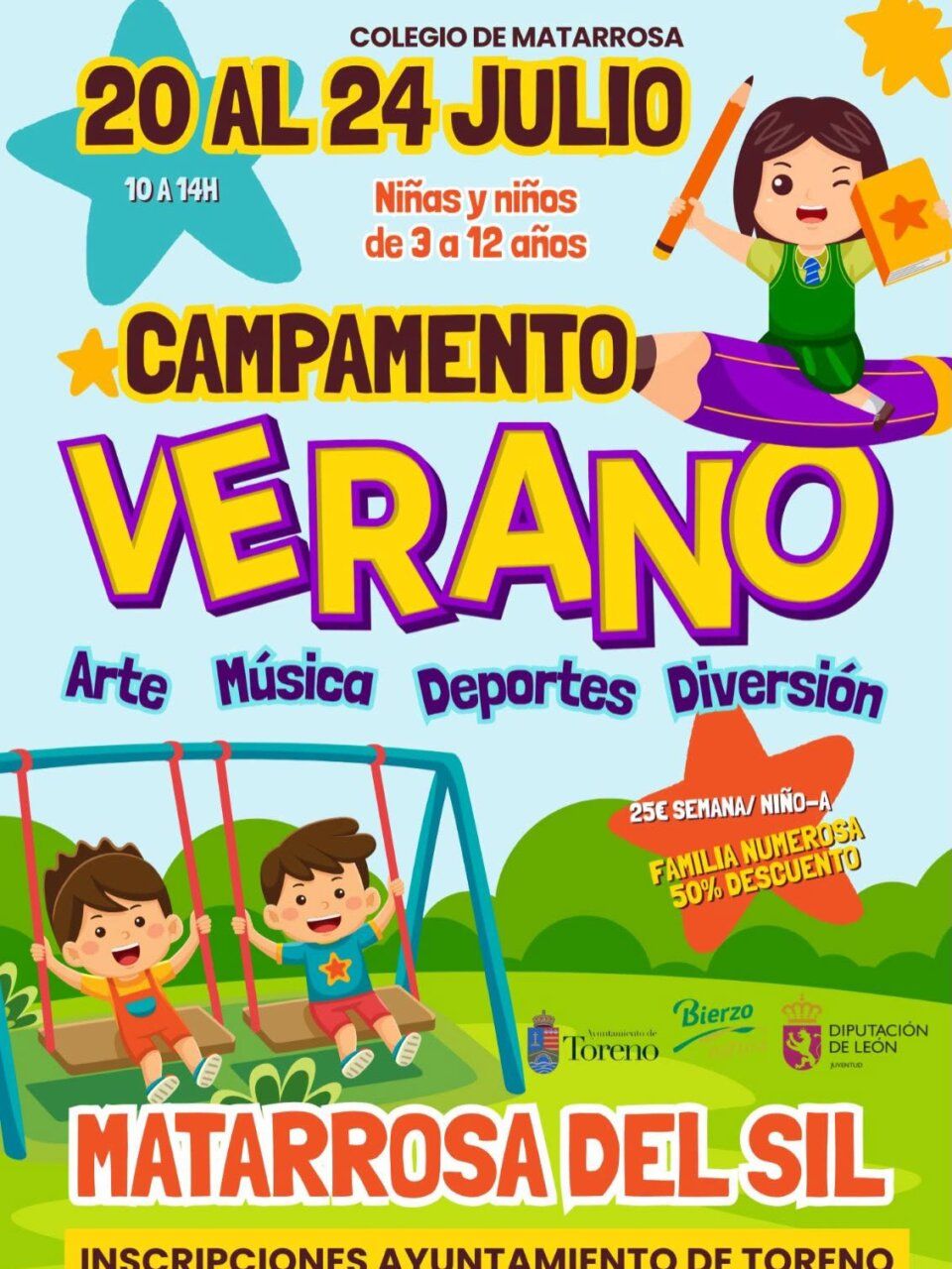 Cartel del campamento de verano en Matarrosa del Sil para niños de 3 a 12 años