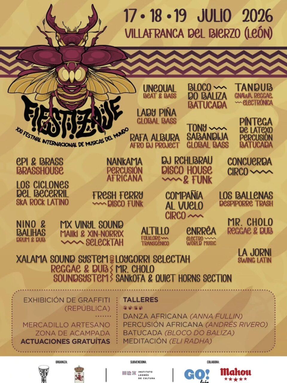 Cartel del Fiestizaje con artistas y actividades culturales en Villafranca del Bierzo