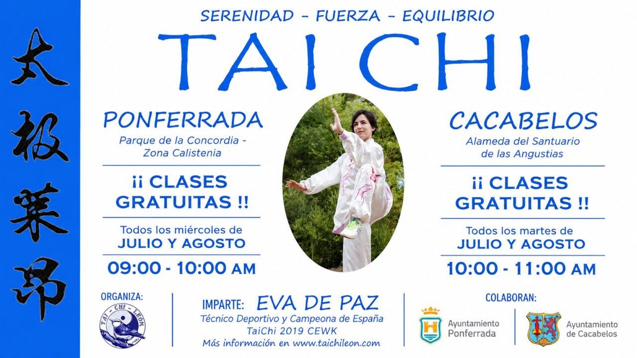 Mujer practicando taichí en un entorno natural durante clases gratuitas