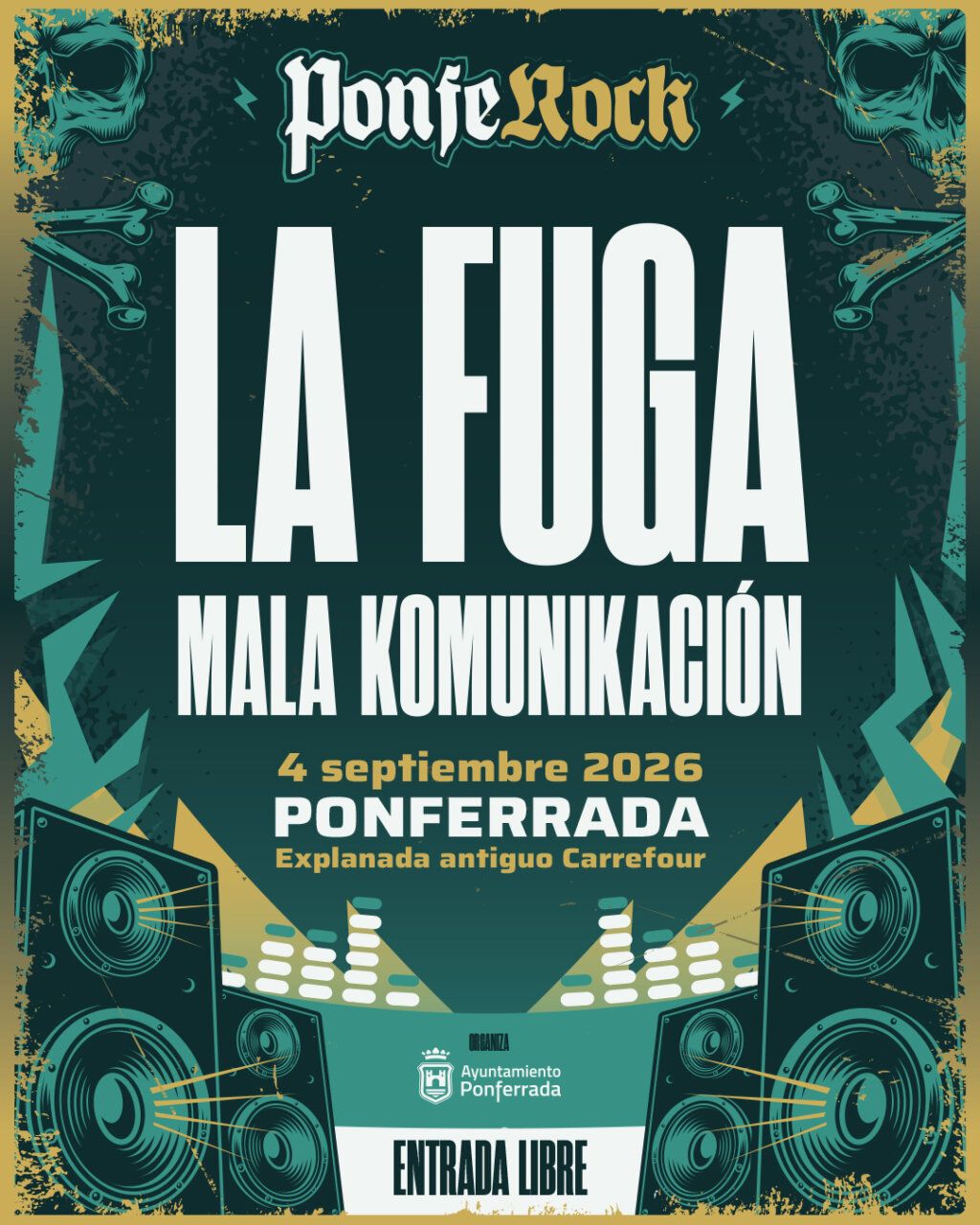 Cartel del concierto gratuito de La Fuga y Mala Komunikación en Ponferrada