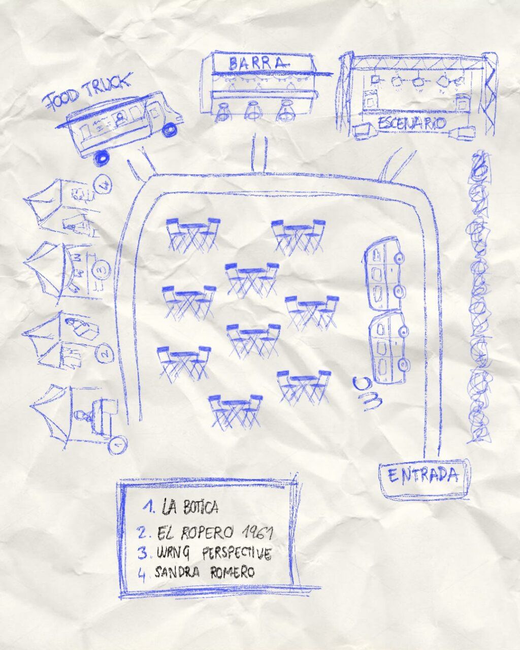 Esquema del evento con escenario, barra y food truck en Ponferrada