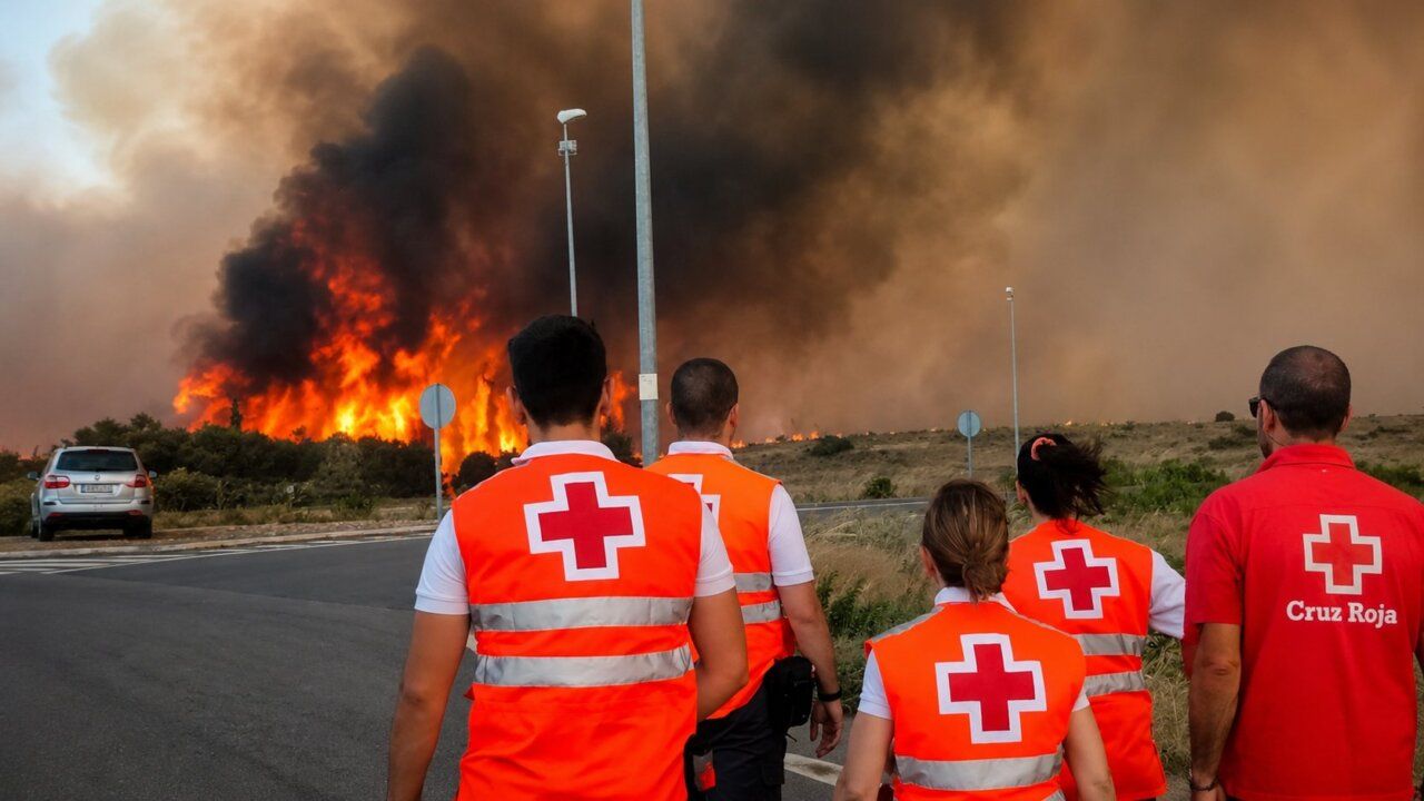 Miembros de Cruz Roja observando incendios en León mientras despliegan albergues.