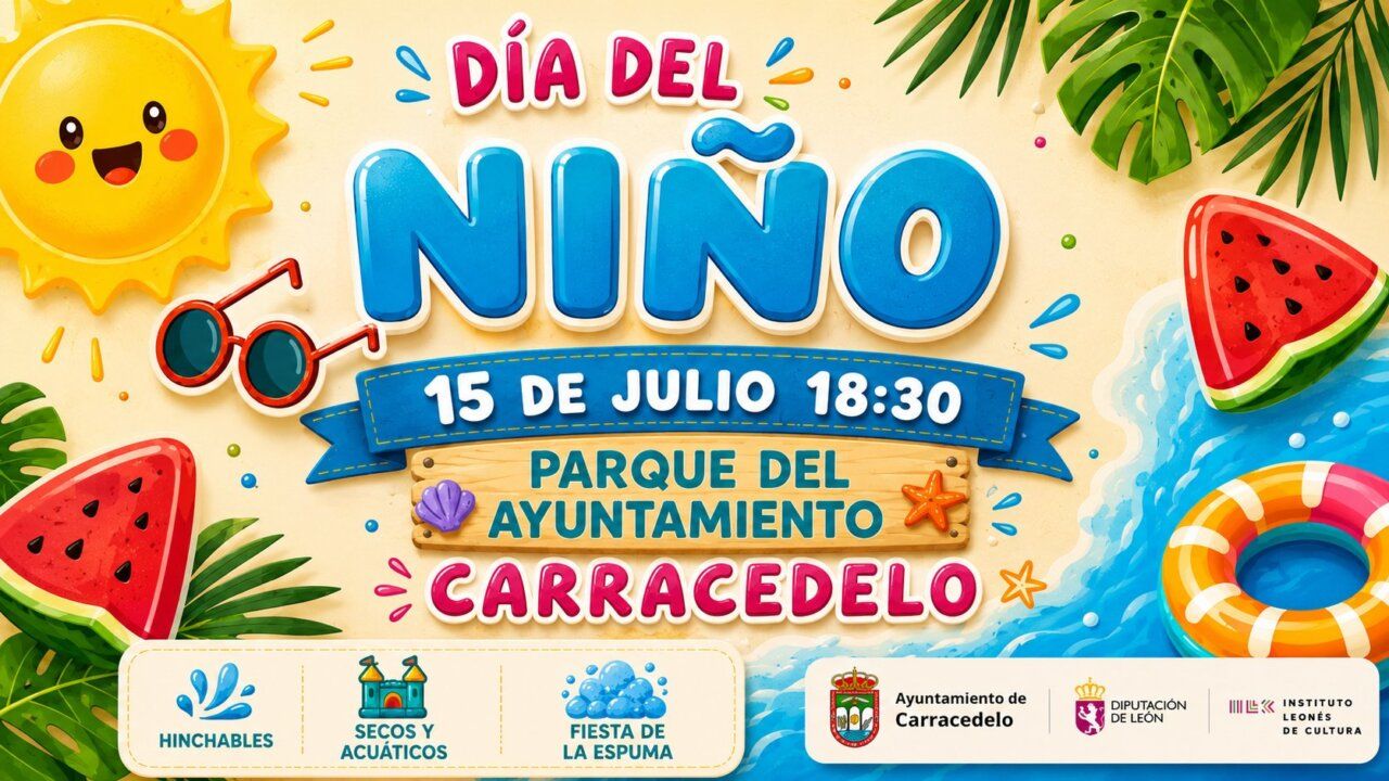 Cartel del Día del Niño en Carracedelo con actividades acuáticas y fiesta de la espuma