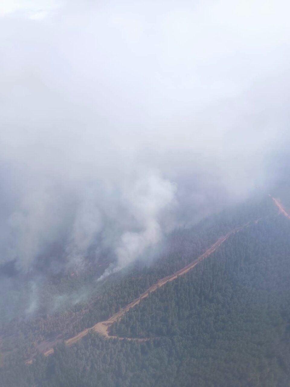 Vista aérea del incendio forestal en San Pedro de Olleros con humo y árboles