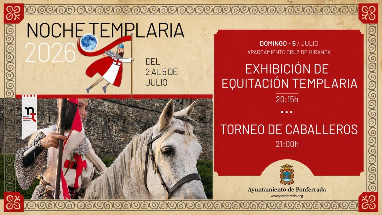 Cartel de la Noche Templaria con horarios de eventos de equitación y torneo.
