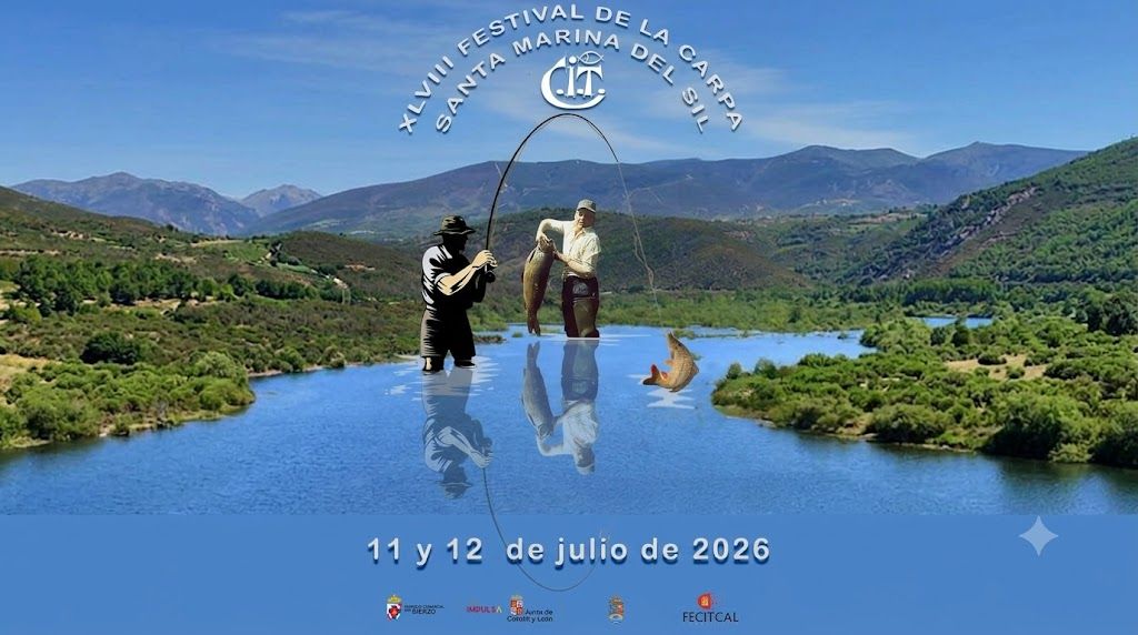 Cartel del Festival de la Carpa en Santa Marina del Sil con paisajes y pescadores