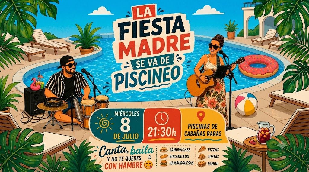 Evento musical en las Piscinas de Cabañas Raras con artistas en vivo.