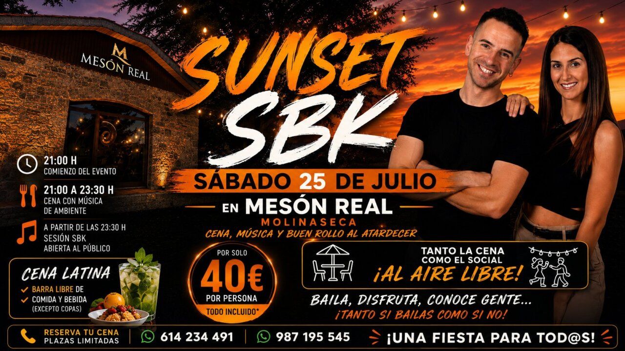 Evento Sunset SBK en el Mesón Real de Molinaseca con cena y baile al aire libre