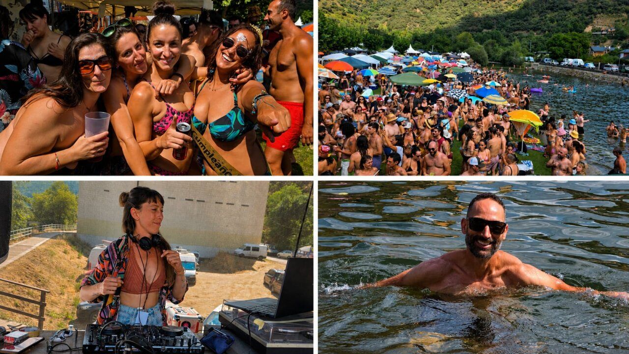Grupo de amigos disfrutando en una fiesta de verano junto al agua