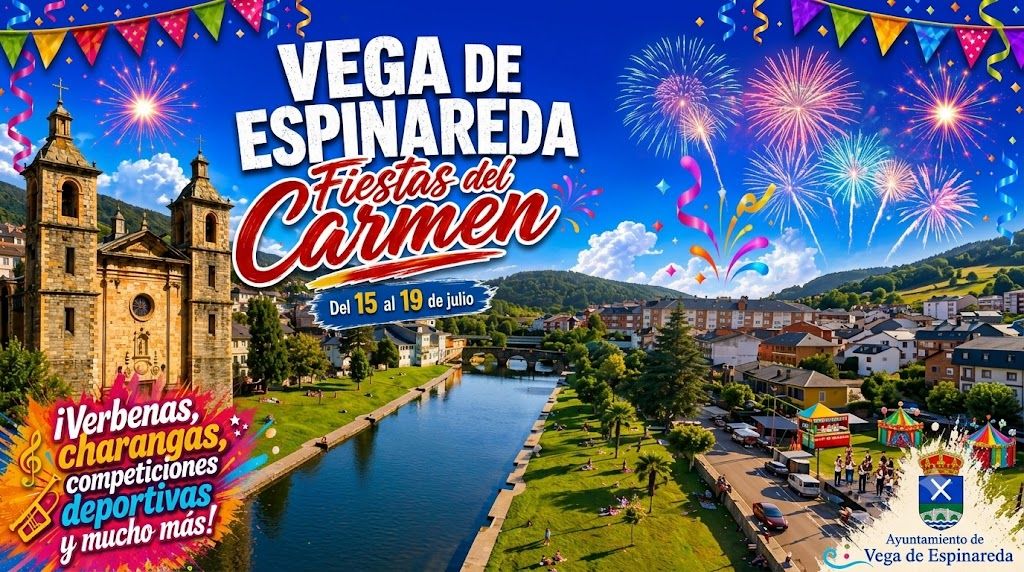 Cartel de las Fiestas del Carmen en Vega de Espinareda con fuegos artificiales