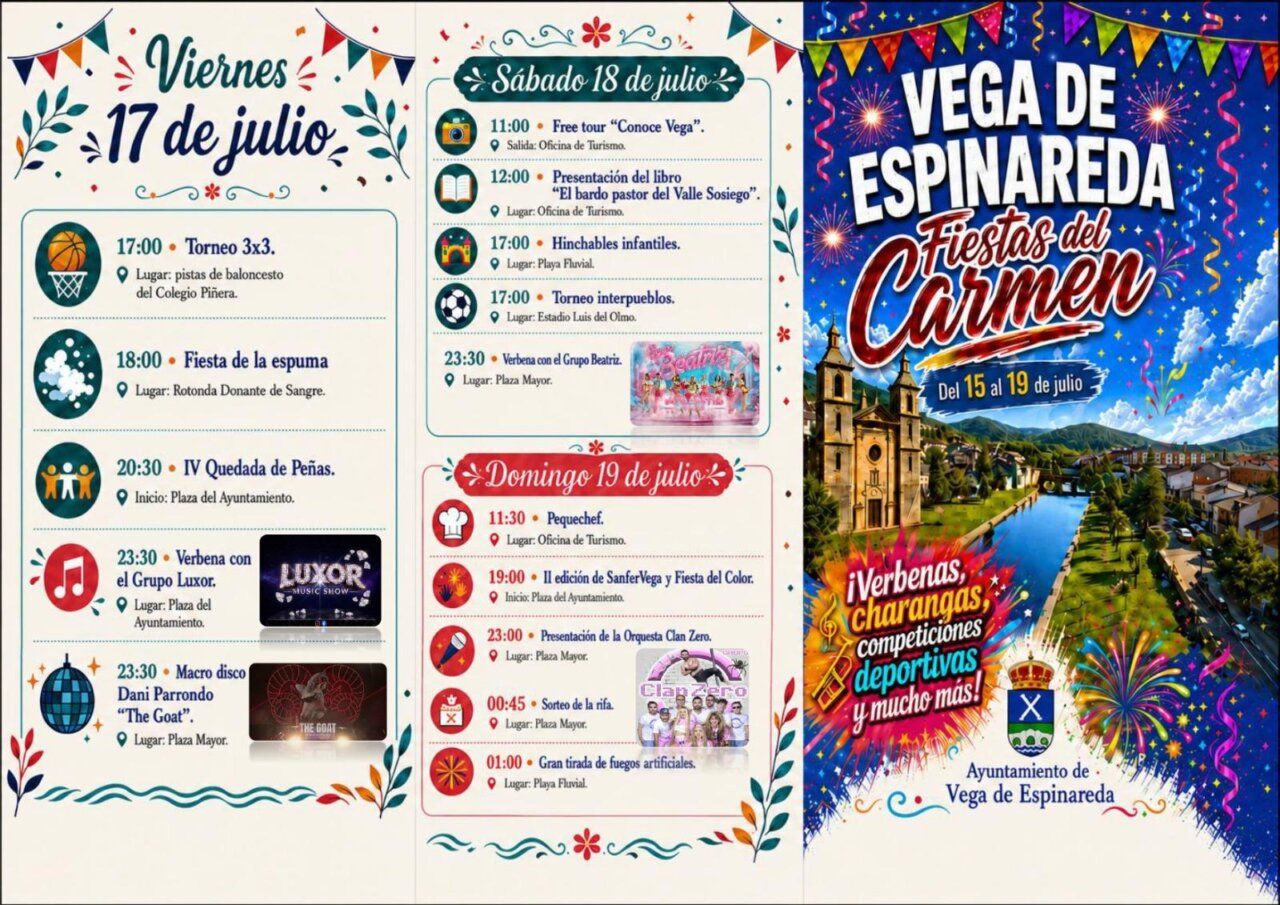 Cartel de las Fiestas del Carmen en Vega de Espinareda con actividades programadas