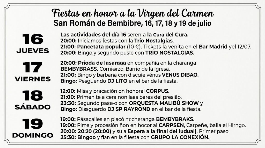 Programa de fiestas en honor a la Virgen del Carmen en San Román de Bembibre