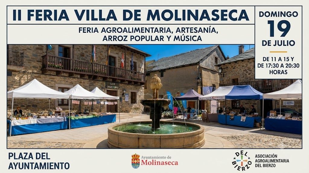 Feria agroalimentaria y artesanal en Molinaseca con puestos y actividades