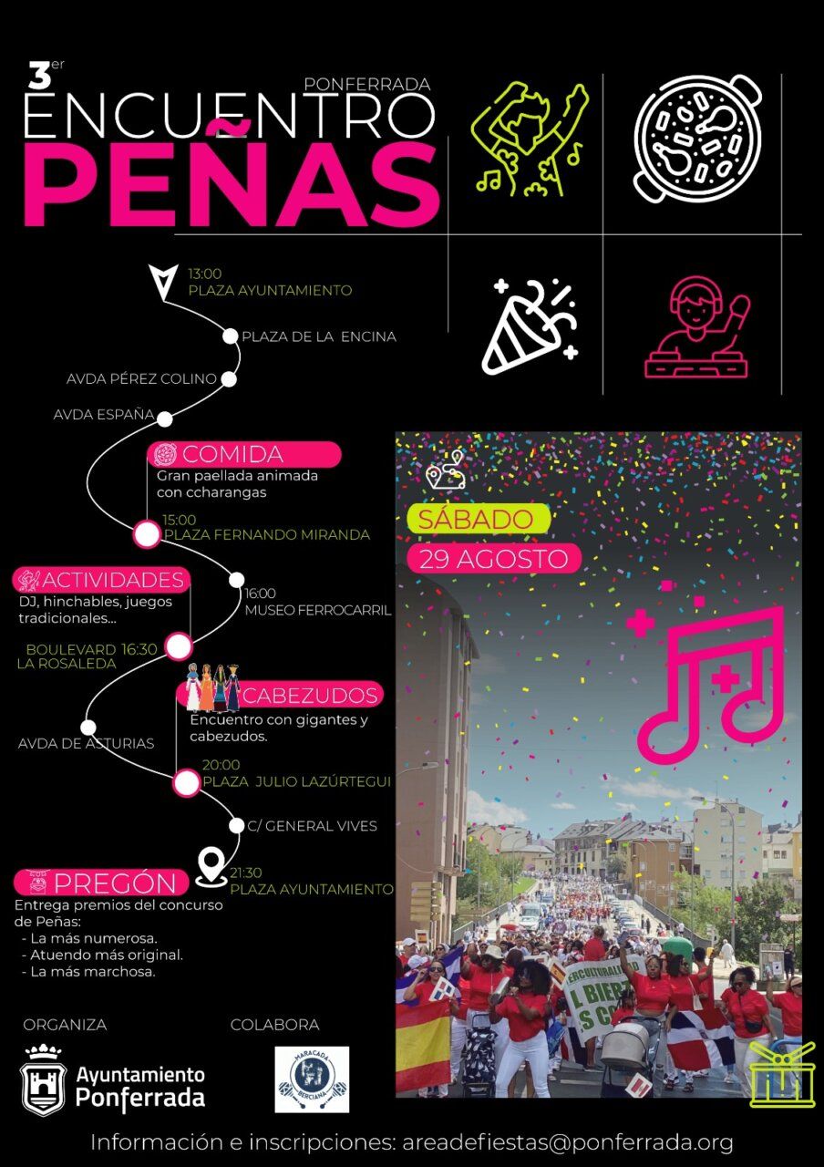 Cartel del III Encuentro de Peñas en Ponferrada con actividades y horarios.