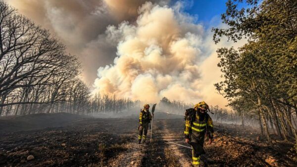 Bomberos trabajando en la extinción de un incendio forestal en Castropodame