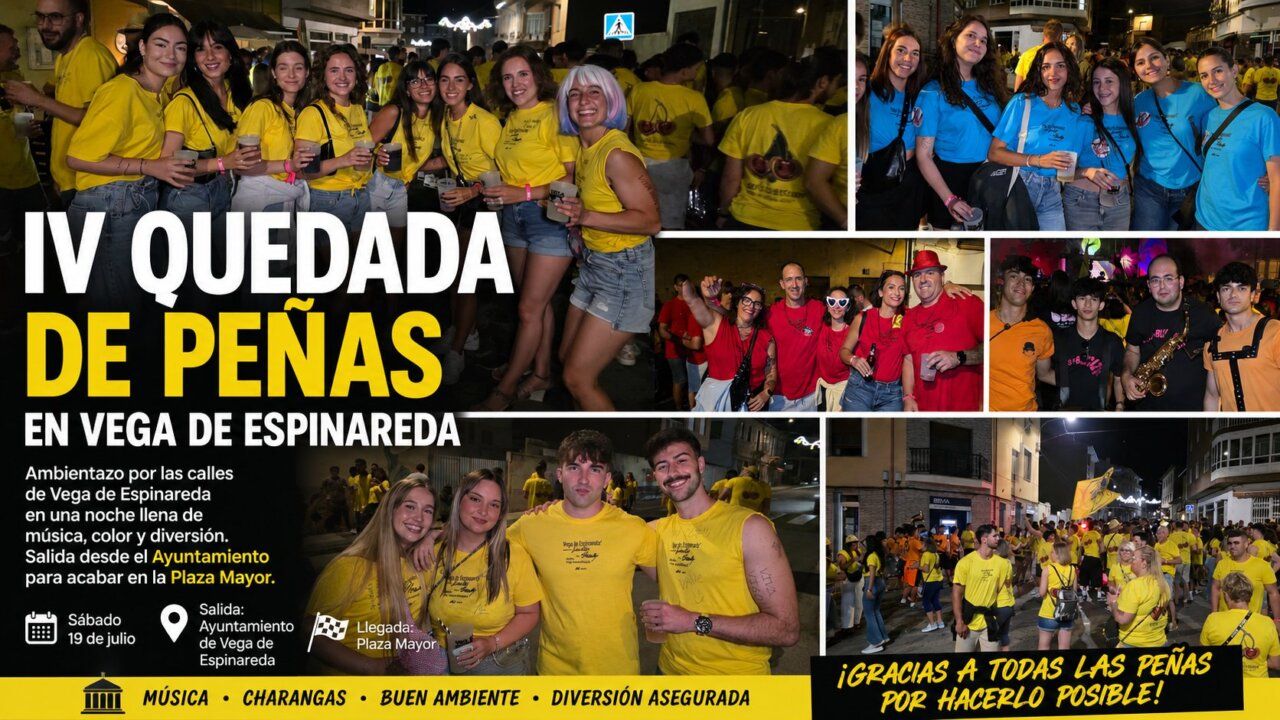 Participantes en la IV Quedada de Peñas en Vega de Espinareda con camisetas de colores