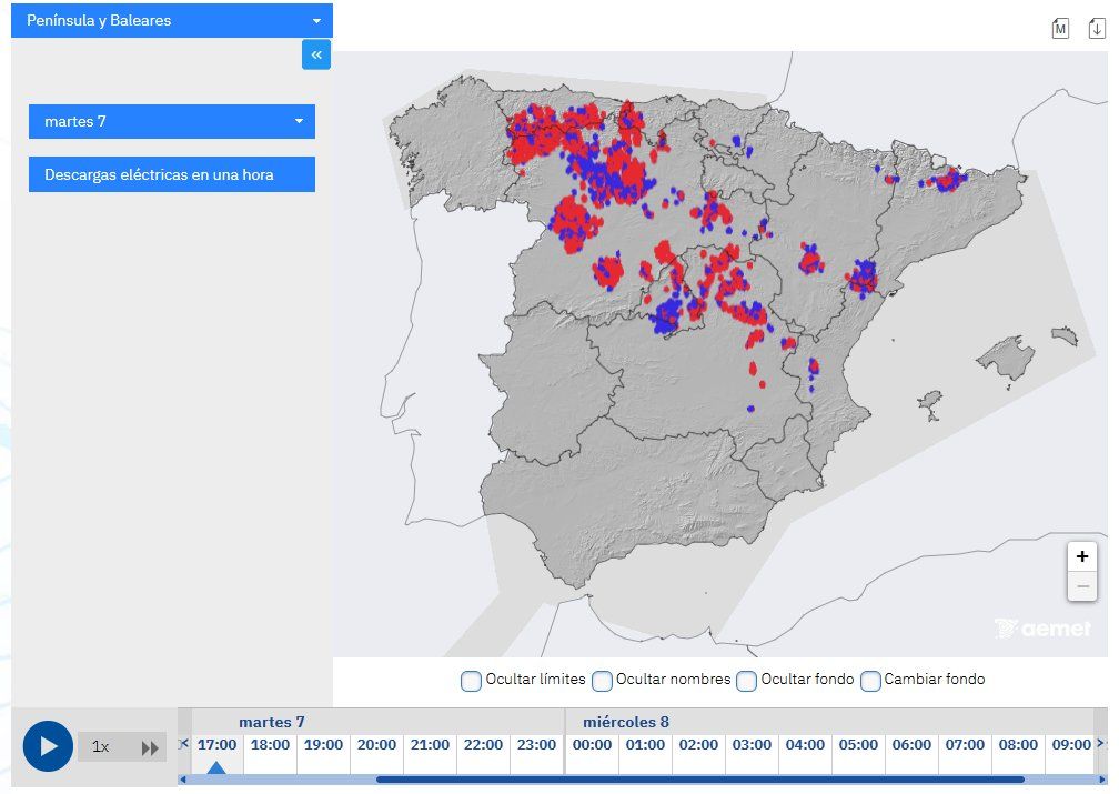 Mapa de rayos en Castilla y León durante tormentas recientes