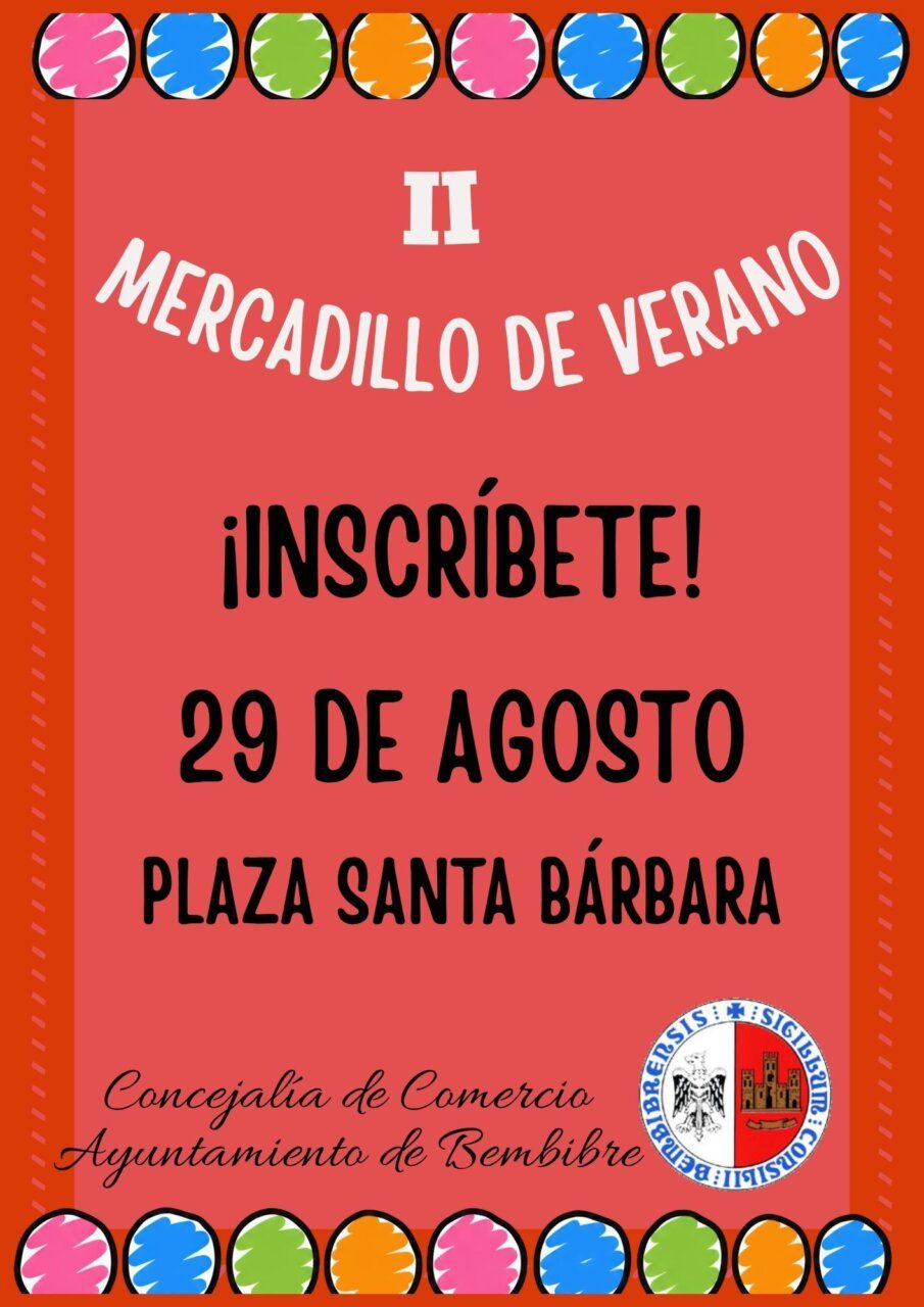 Cartel del II Mercadillo de Verano en Bembibre con fecha y lugar.