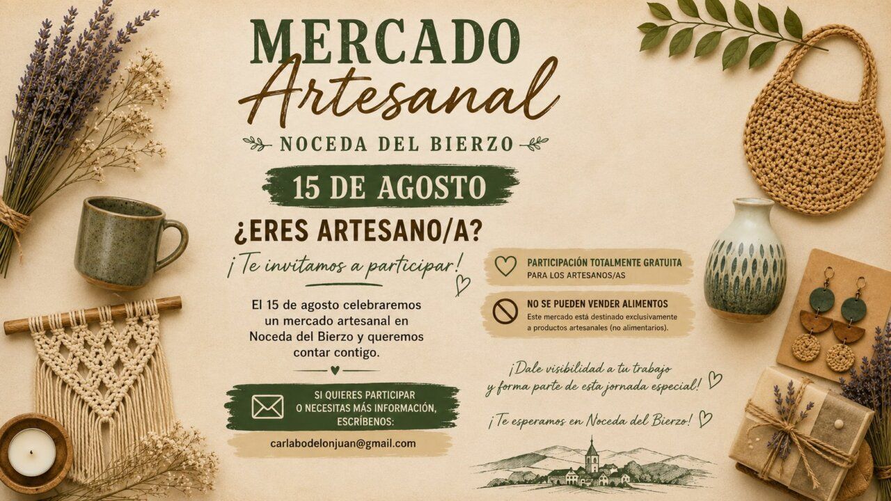 Cartel del Mercado Artesanal en Noceda del Bierzo con detalles decorativos