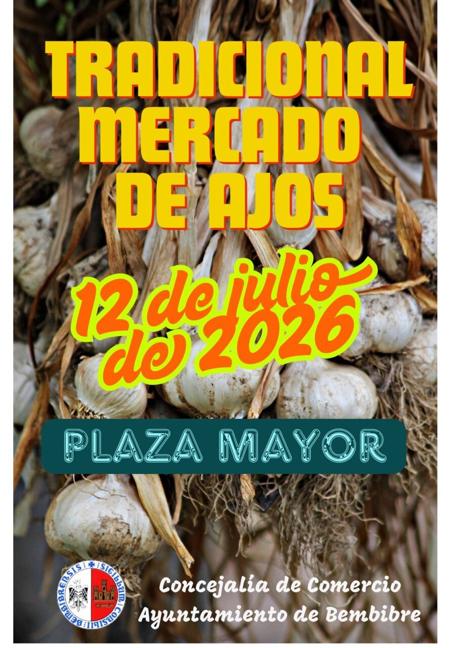 Póster del Mercado de Ajos en Bembibre con ajos colgados