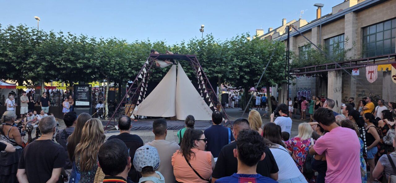 Multitud observando un espectáculo en un mercado medieval