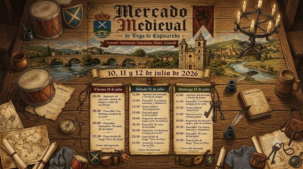 Cartel del Mercado Medieval de Vega de Espinareda con actividades y programación
