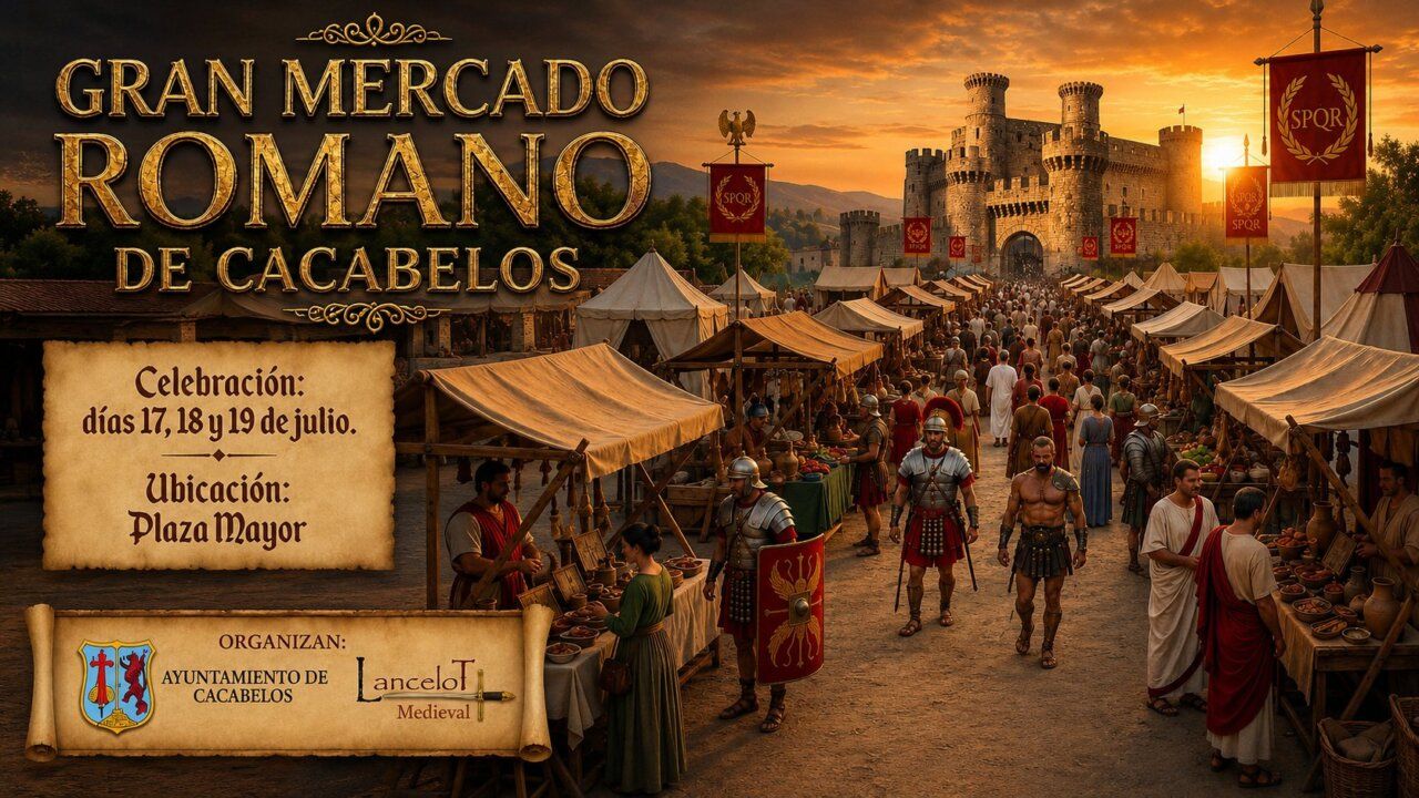 Mercado romano en la Plaza Mayor de Cacabelos con actividades familiares.