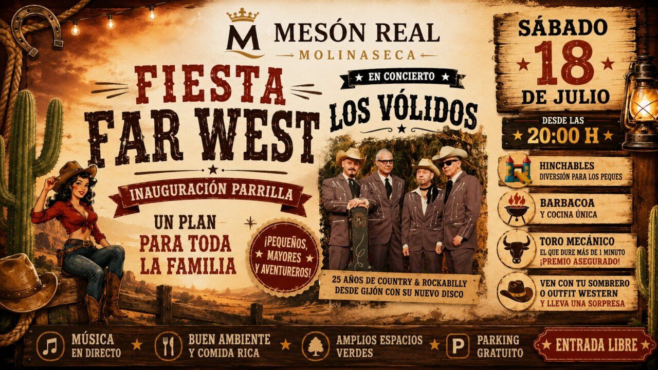 Cartel de la Fiesta Far West en el Mesón Real de Molinaseca con actividades familiares.