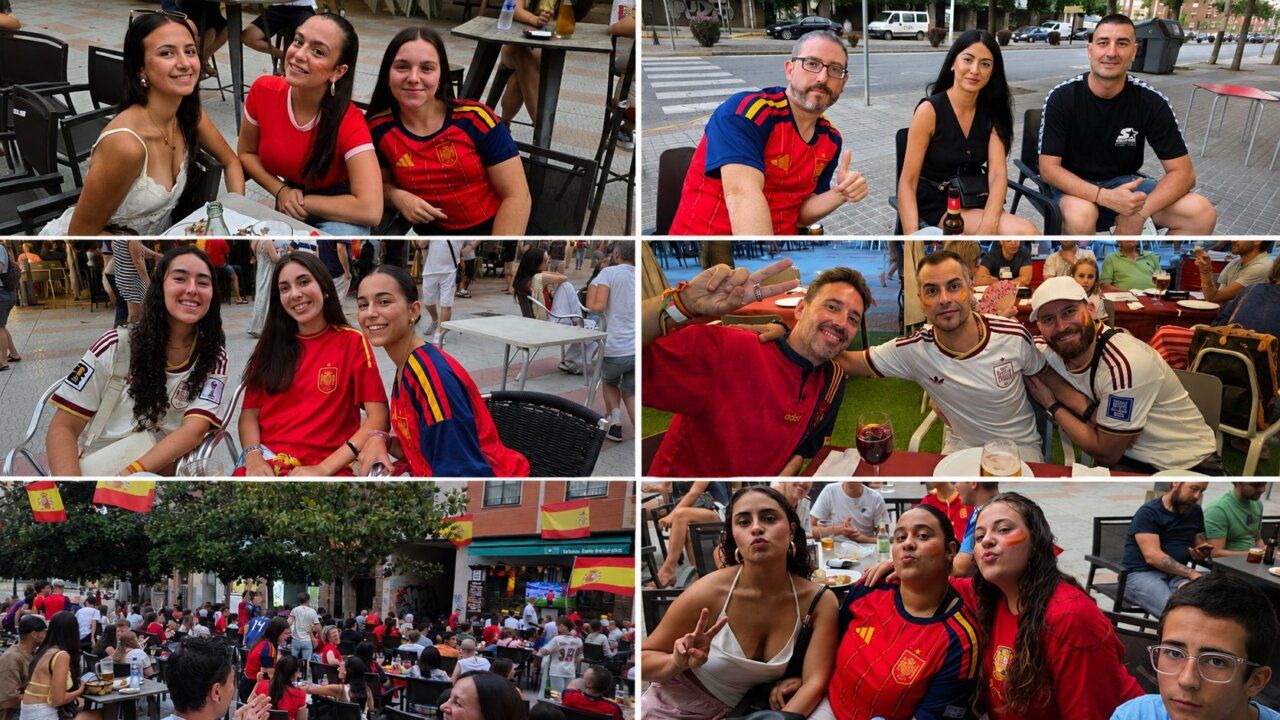 Aficionados en la Plaza Fernando Miranda animando el partido España-Bélgica
