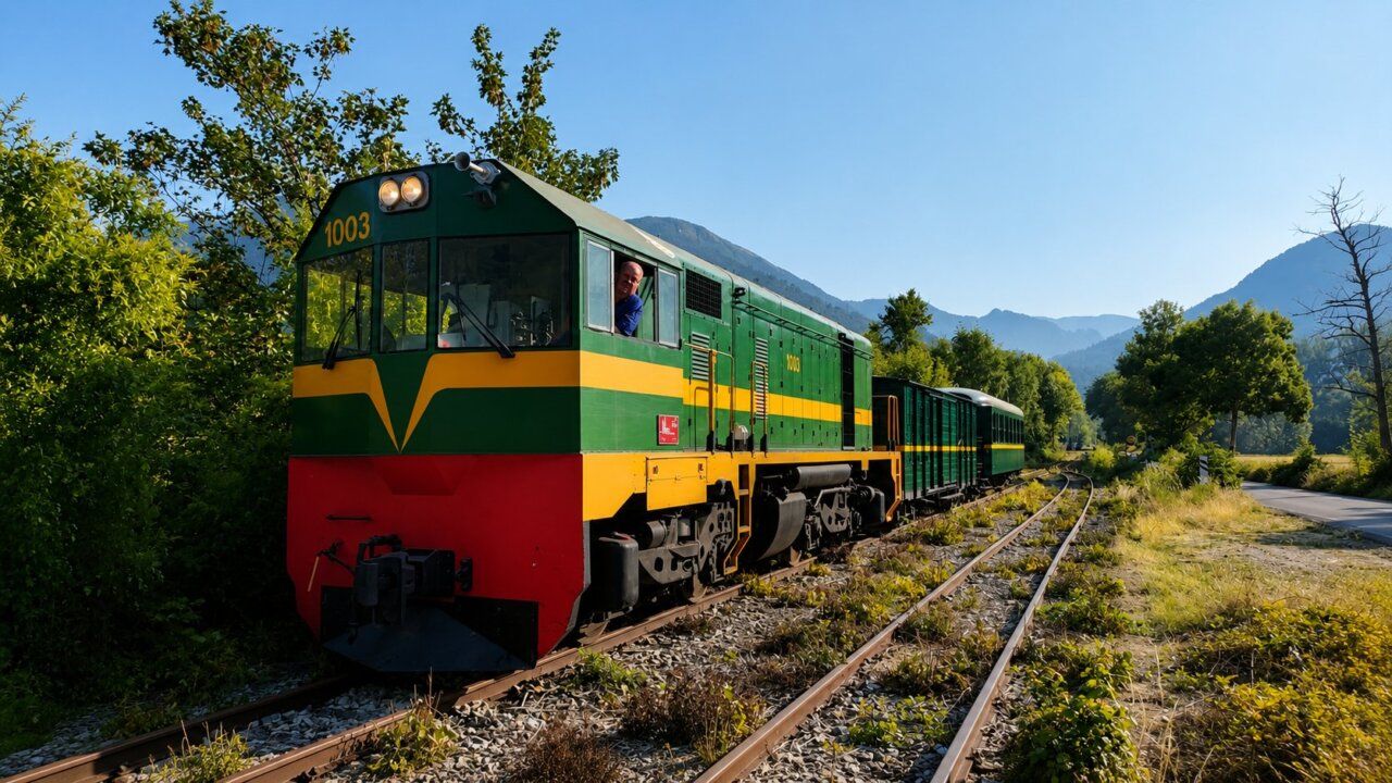 Locomotora diésel 1003 del tren Ponfeblino en su primer viaje de pasajeros