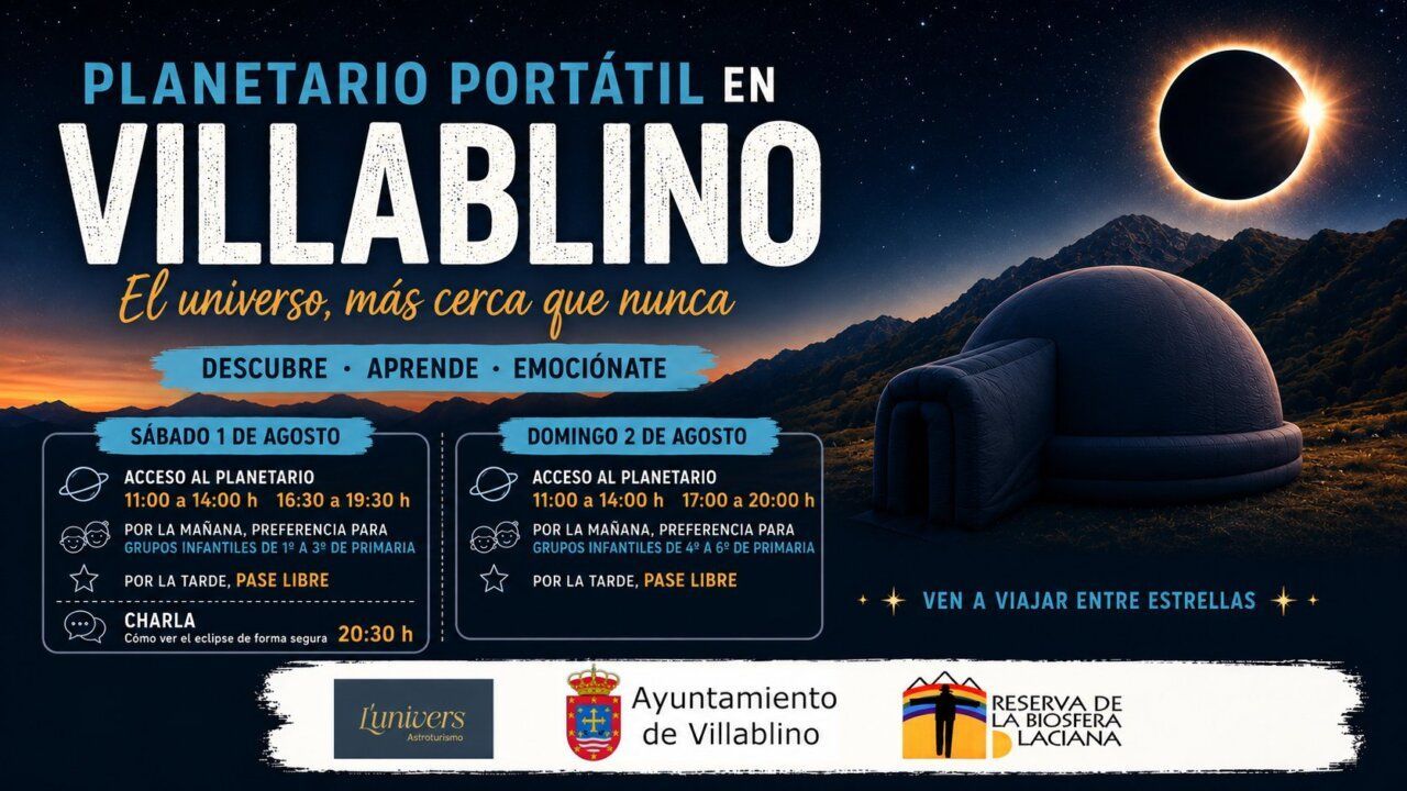 Cartel del planetario portátil en Villablino para el eclipse total.
