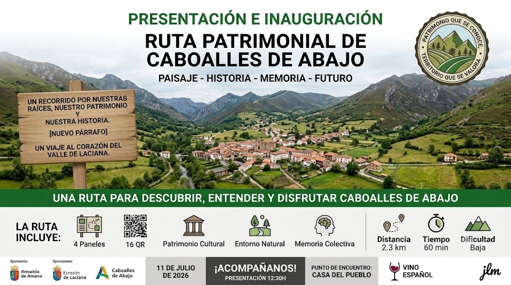 Presentación de la ruta patrimonial en Caboalles de Abajo con paisaje montañoso.