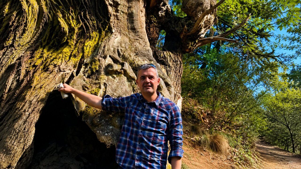 Investigador de la Universidad de León junto a un árbol en el campo