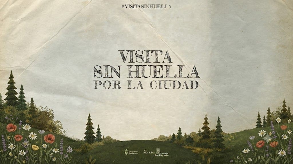 Cartel de la actividad Visita sin huella en Ponferrada con árboles y flores