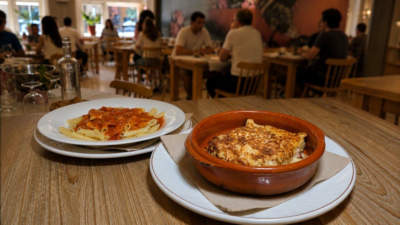 Plato de pasta y cazuela en el Café Madrid de Ponferrada