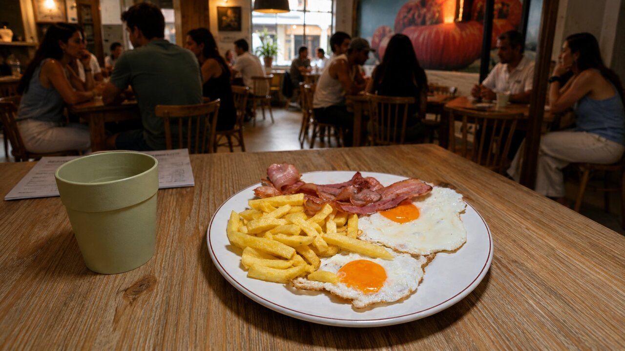Plato de huevos fritos con bacon y patatas en el Café Madrid de Ponferrada